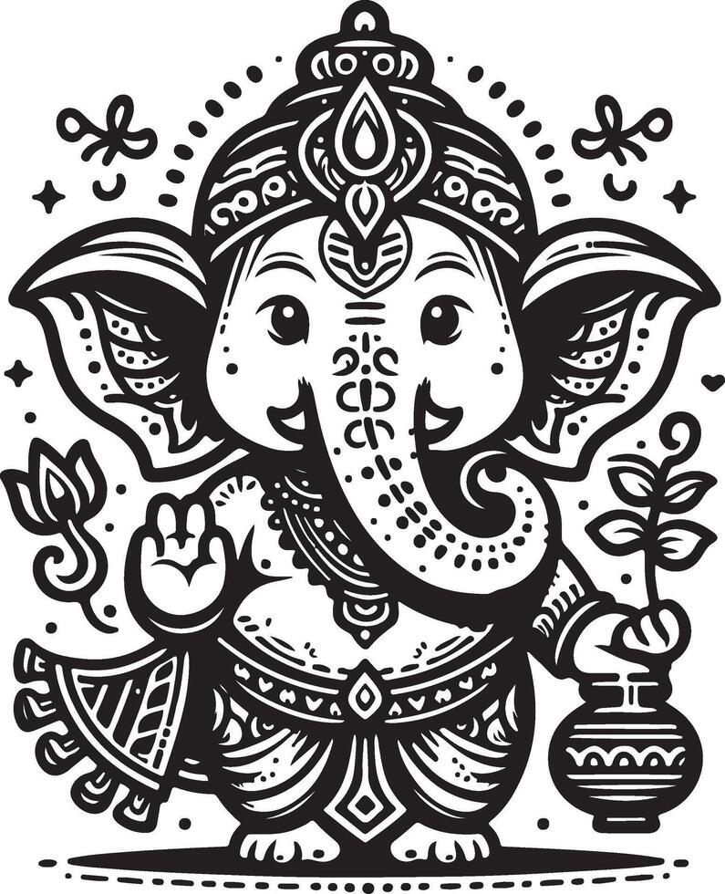 Simplified black and white 2D drawing of Ganapati, focusing on a clean and minimal silhouette for Ganesh Chaturthi. vector