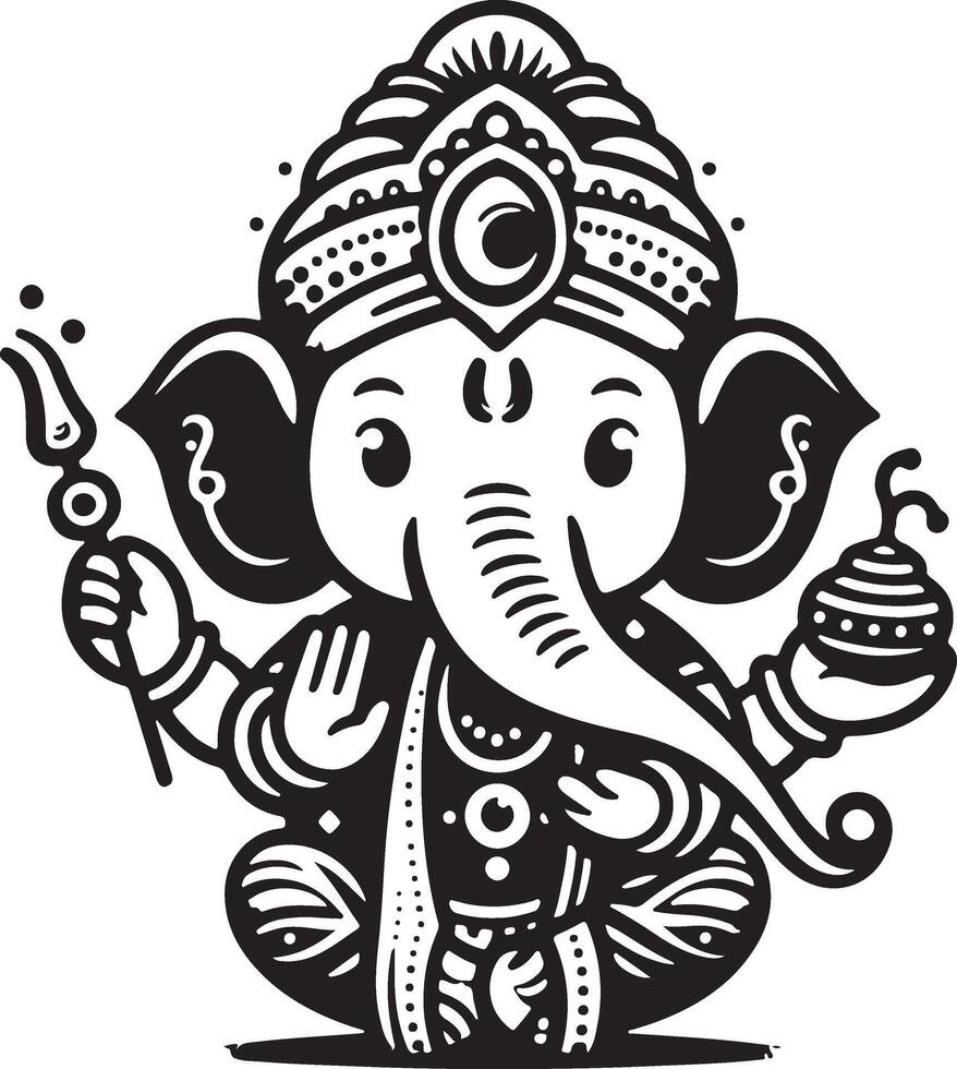 Minimalist black and white 2D illustration of Lord Ganesh, focusing on a cute and simplified silhouette for Ganesh Chaturthi. vector