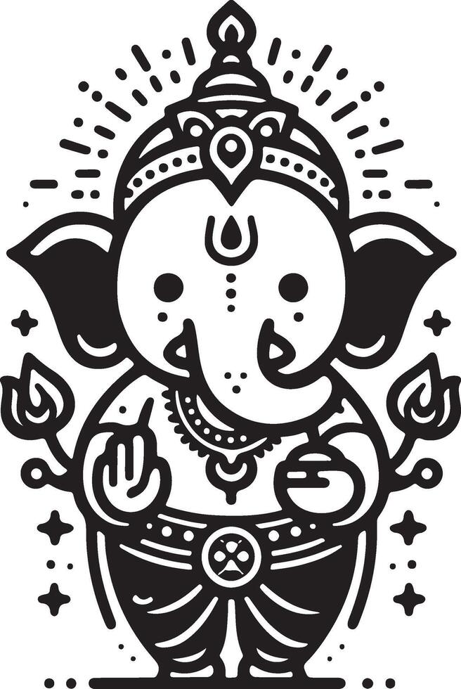 A low-detail 2D black and white depiction of Lord Ganapati, rendered with a cute silhouette for Ganesh Chaturthi. vector