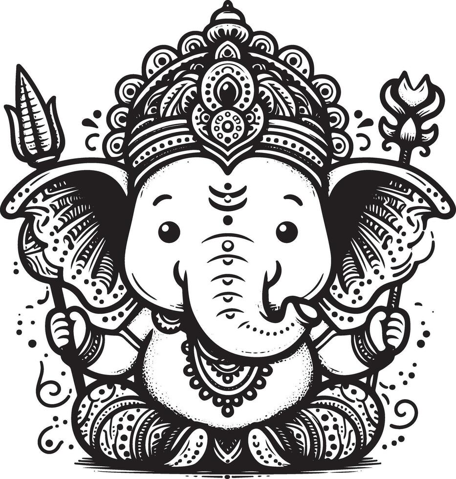 Cute and simple black and white 2D illustration of Lord Ganesh, featuring a minimalist silhouette for Ganesh Chaturthi. vector
