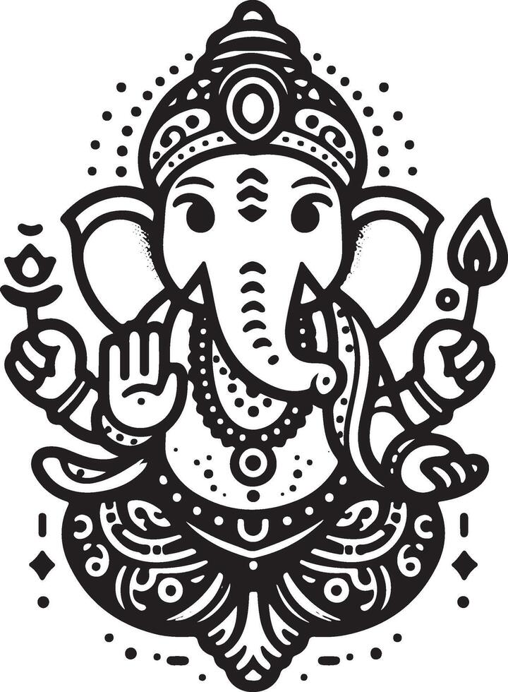 Minimal 2D black and white line art of Lord Ganesh, with a cute and simplified silhouette for Ganesh Chaturthi. vector