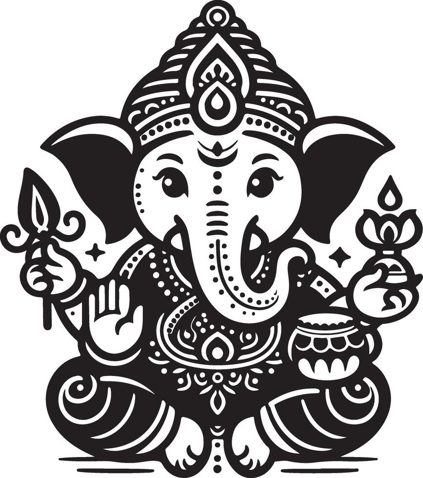 Simple 2D silhouette of Lord Ganapati in black and white, featuring minimal details for Ganesh Chaturthi celebrations. vector