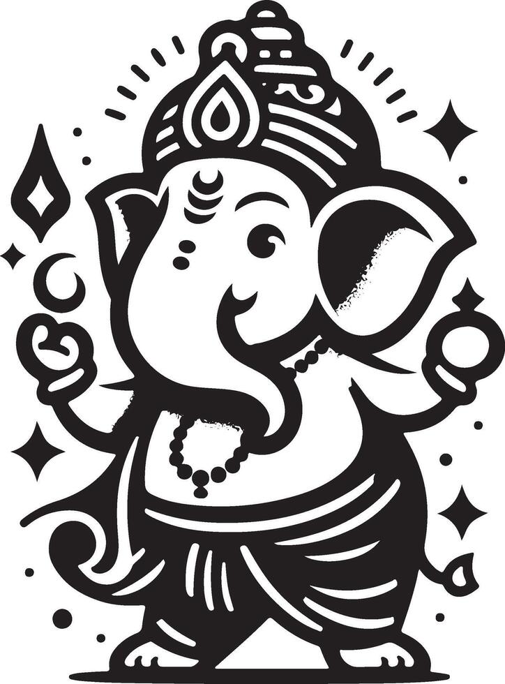 A low-detail 2D silhouette of Lord Ganesh in black and white line art, perfect for the Ganesh Chaturthi celebration. vector
