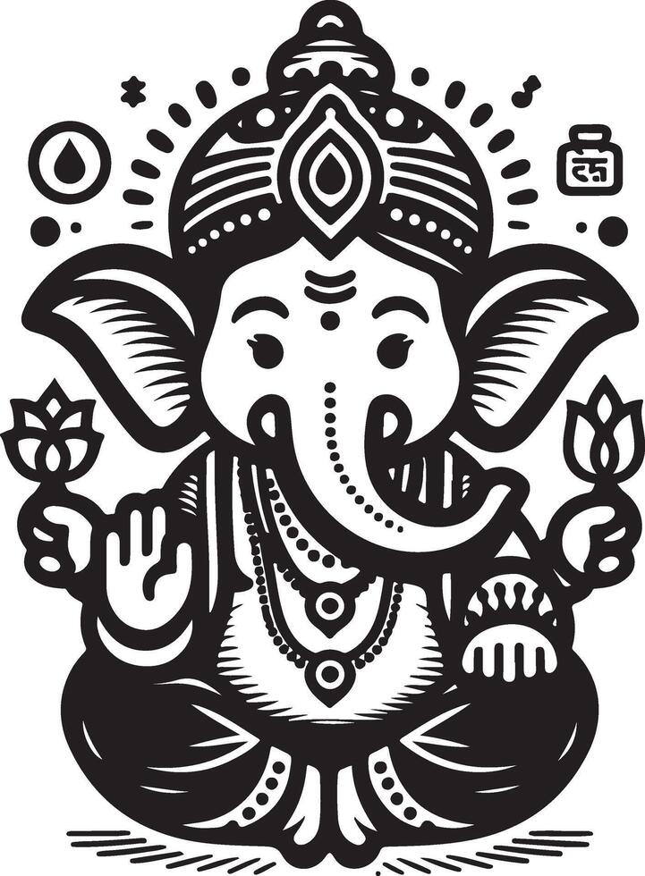 Minimalist 2D black and white silhouette of Ganapati, featuring a low-detail design for Ganesh Chaturthi celebrations. vector