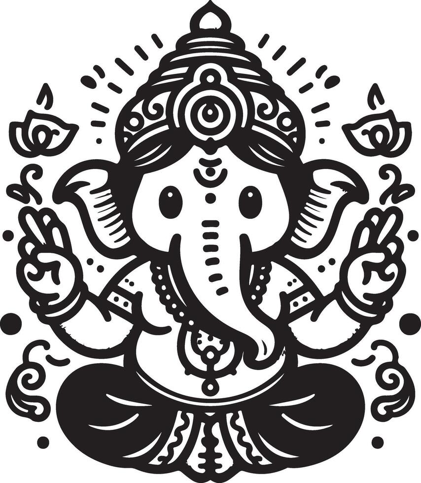 A charming 2D silhouette of Lord Ganesh in black and white, rendered in a minimalist style for Ganesh Chaturthi. vector