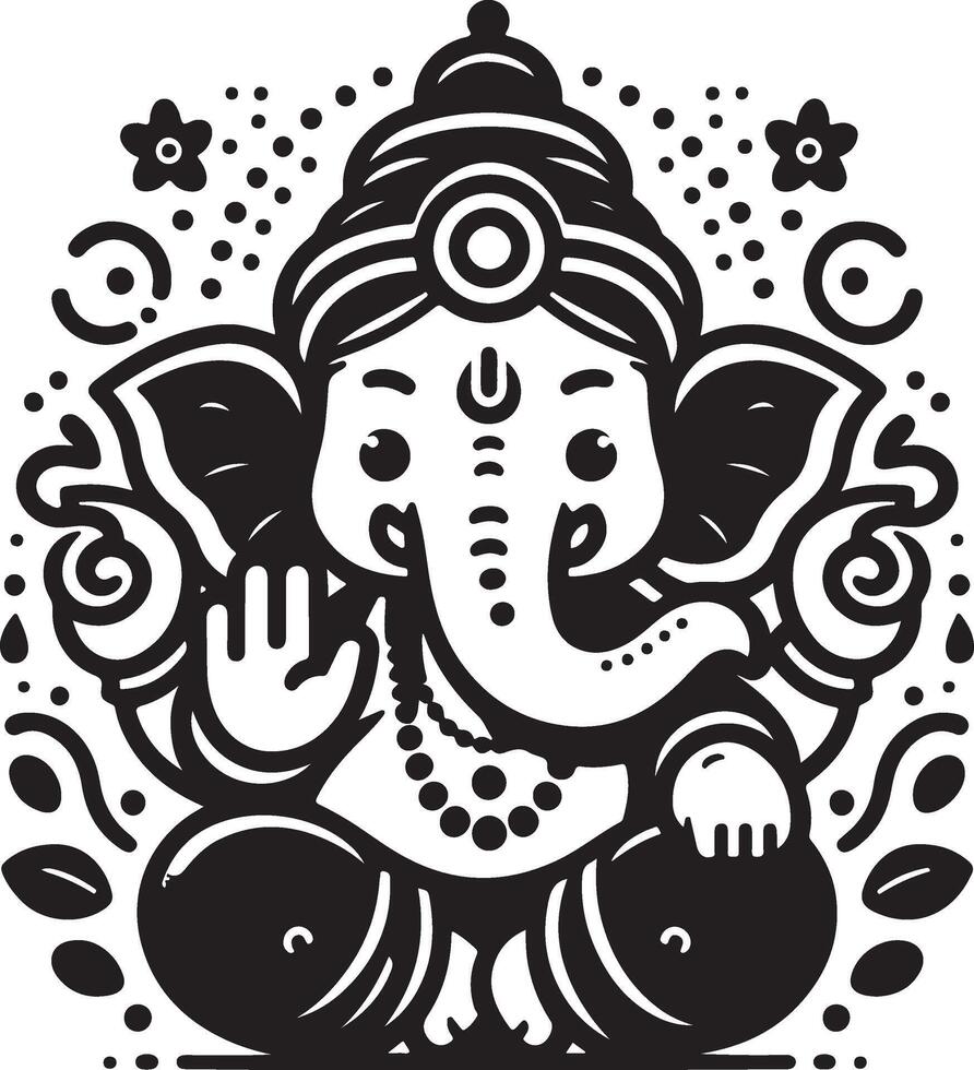 Simplified black and white 2D line art of Lord Ganapati, focusing on a cute silhouette for Ganesh Chaturthi. vector