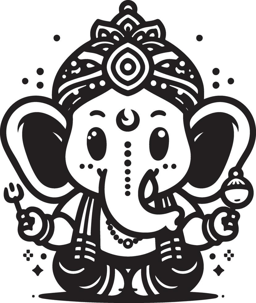 Charming 2D Ganapati silhouette in black and white line art, rendered with minimal details to celebrate Ganesh Chaturthi. vector