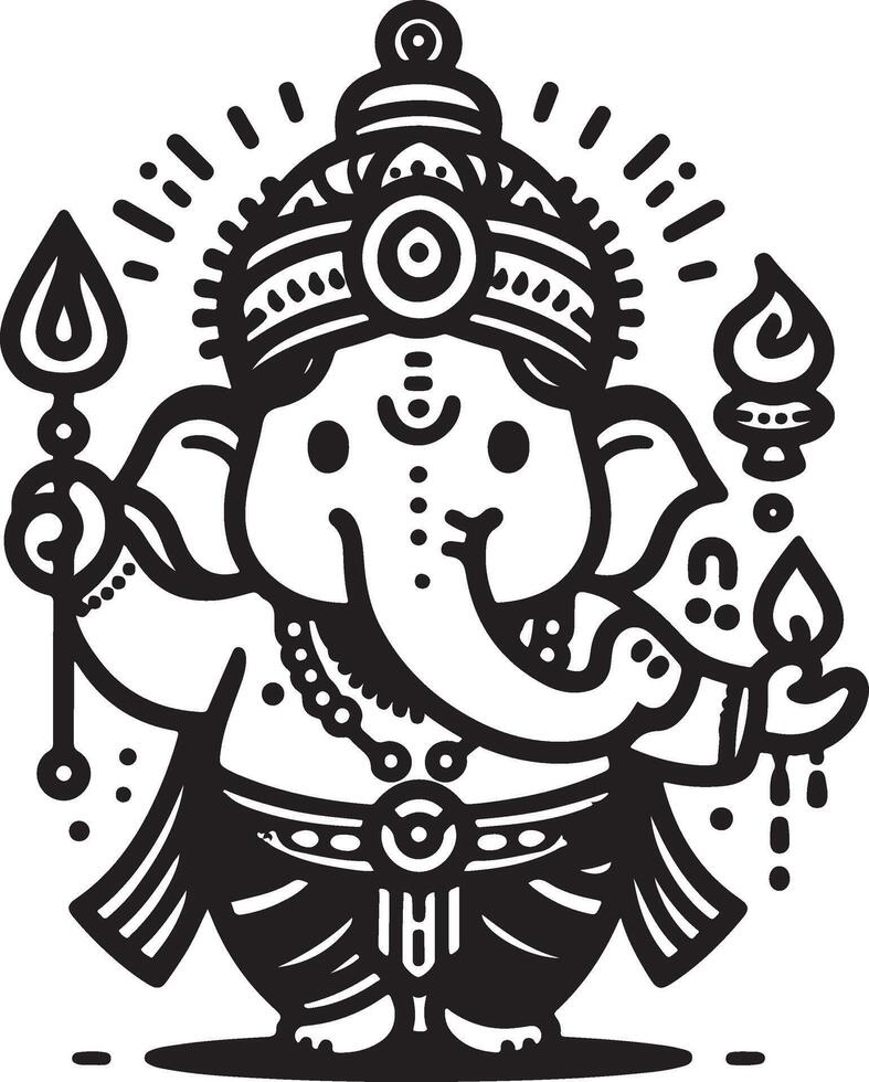 Simple and cute 2D black and white silhouette of Ganapati, designed with a minimalist approach for Ganesh Chaturthi. vector