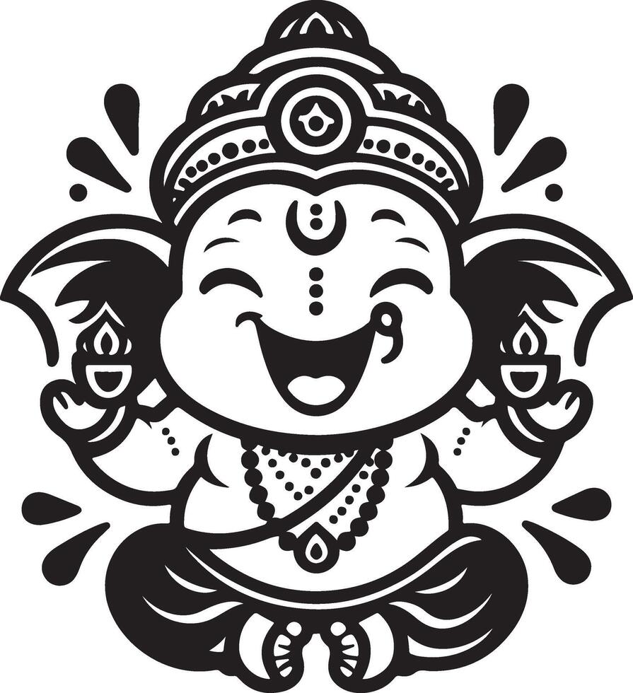 A low-detail black and white silhouette of Ganapati, drawn in 2D for the Ganesh Chaturthi festival. vector