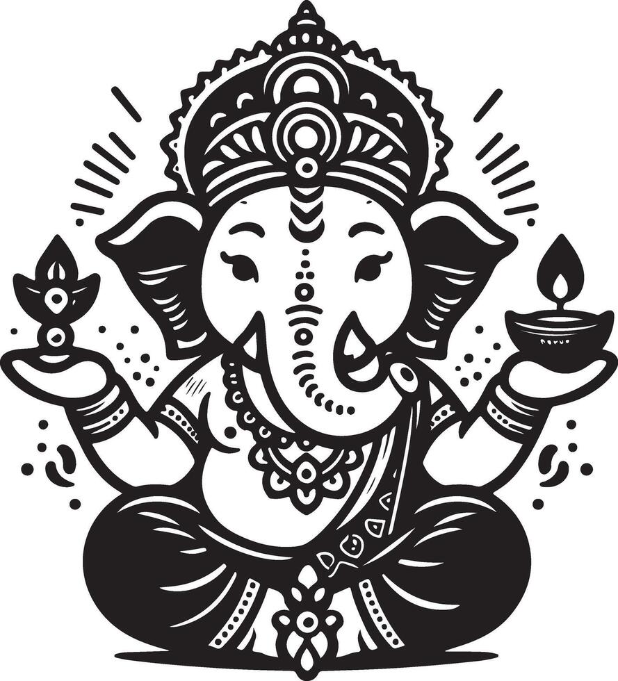 A minimalist 2D silhouette of Ganapati in black and white, with low details for the Ganesh Chaturthi festival. vector