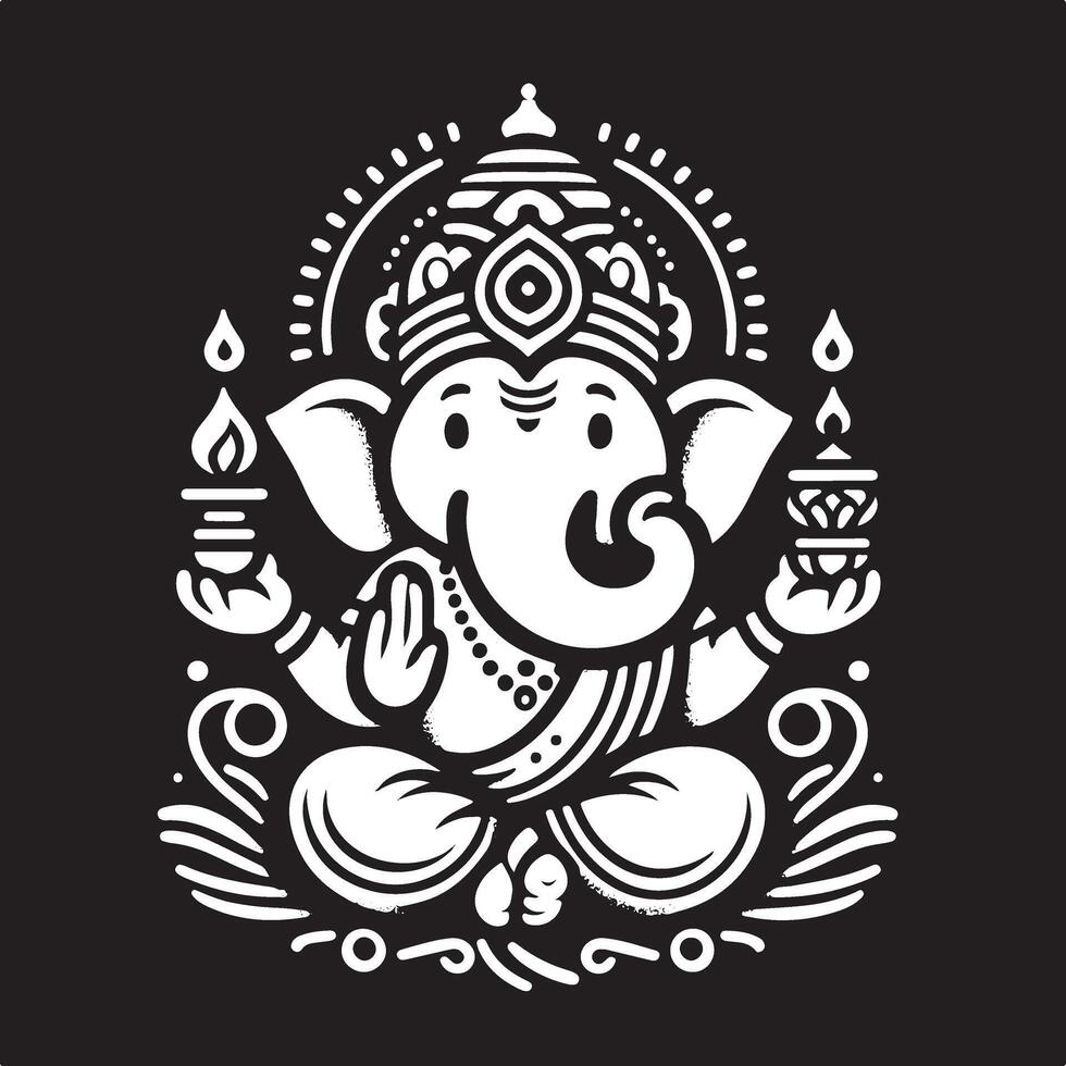 Cute 2D silhouette of Ganapati in black and white line art, rendered with minimal details for Ganesh Chaturthi. vector