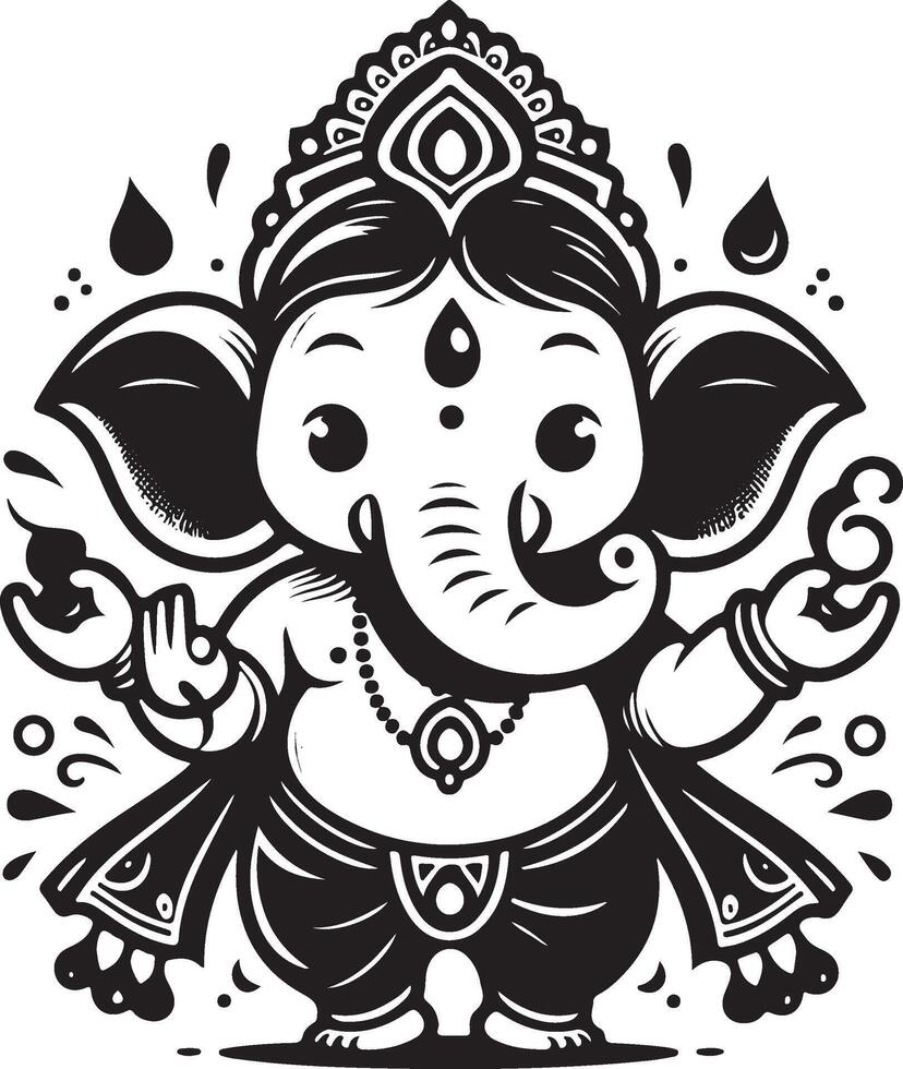 Low-detail black and white 2D drawing of Lord Ganesh, with a focus on a simple silhouette for Ganesh Chaturthi. vector