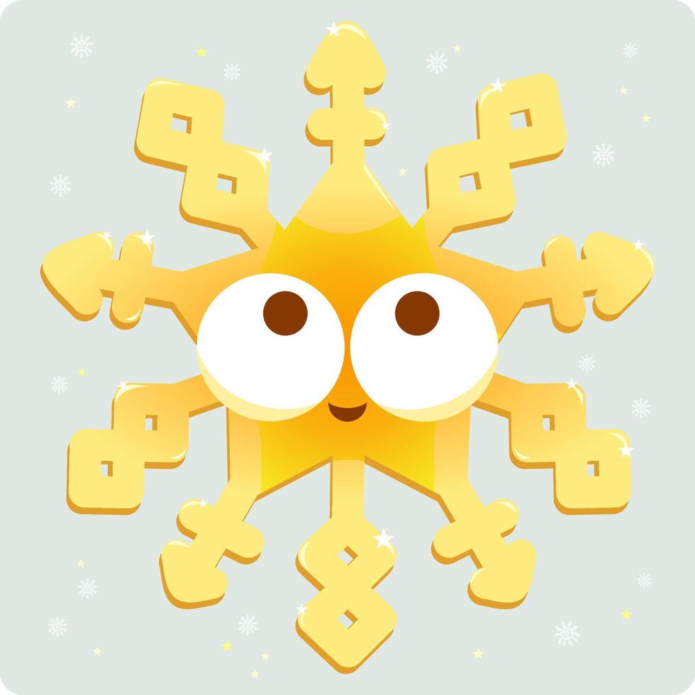 Cute Christmas decoration snow character, a cute golden snowflake. Happy Christmas cartoon winter snow background. vector