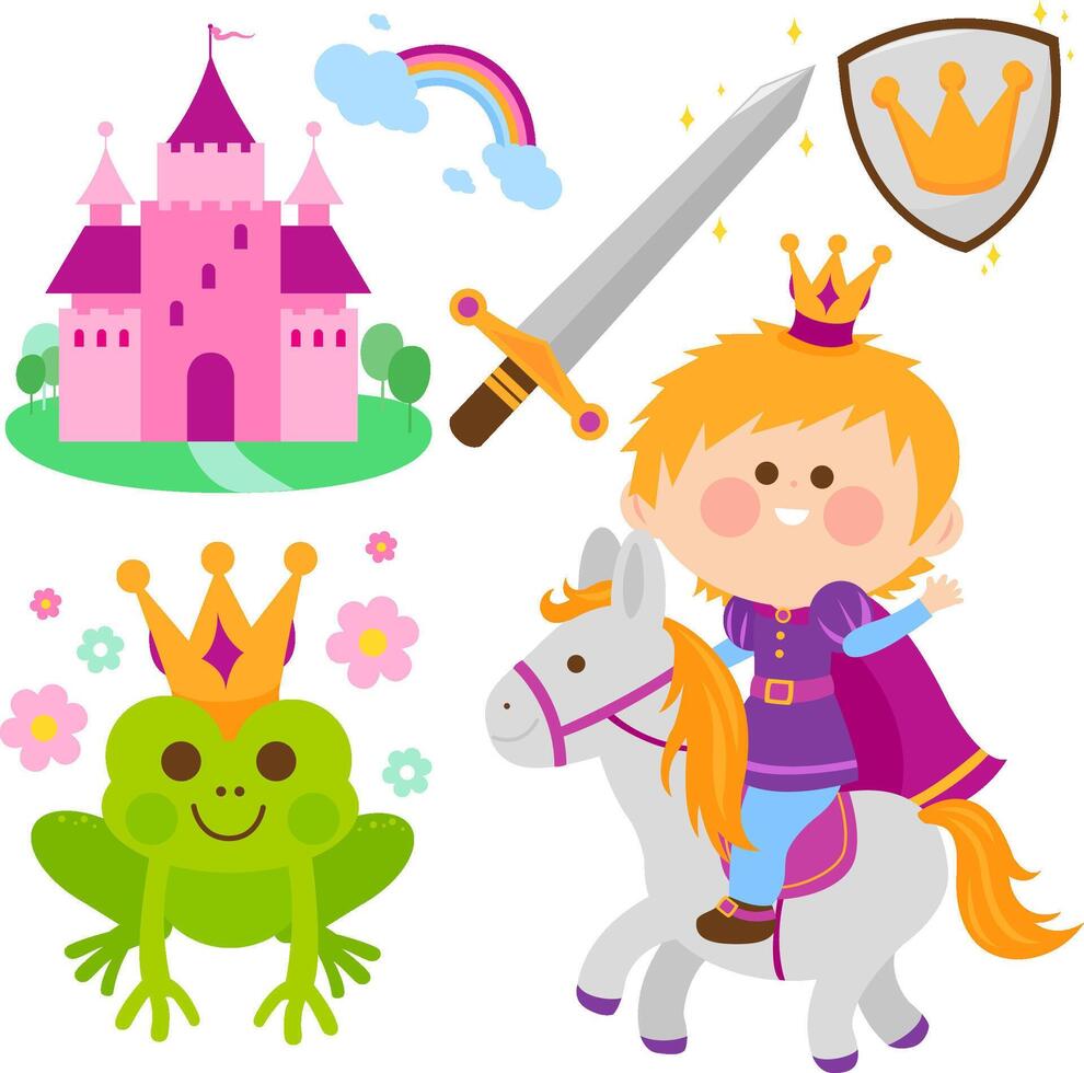 Handsome prince boy riding a horse and a castle. Cute fairy tale set with medieval knight and a magic frog. vector