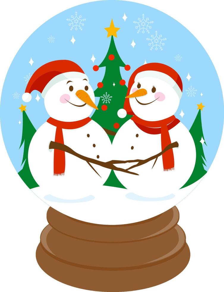 Cute snowmen with Santa Claus hats hug in a beautiful snowy landscape with Christmas trees inside a snow globe. Winter Xmas season snowman. vector