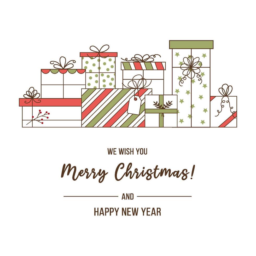 Christmas greeting card template. Christmas and New Year gift boxes in a minimalist style with a congratulatory inscription vector