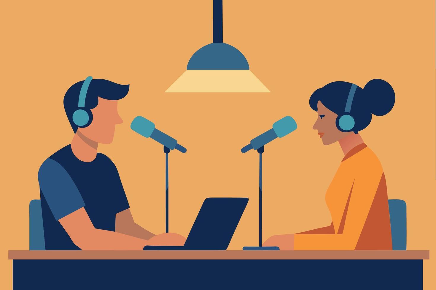Radio host concept Idea of news broadcasting in the studio. Man and woman podcasting with the microphones vector