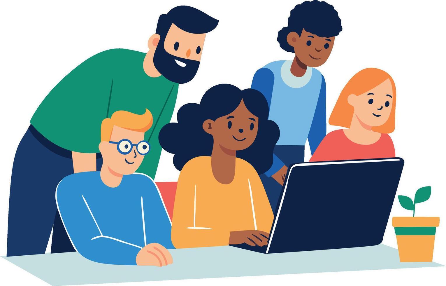 Multinational team brainstorming with computer. Collab concept illustration vector