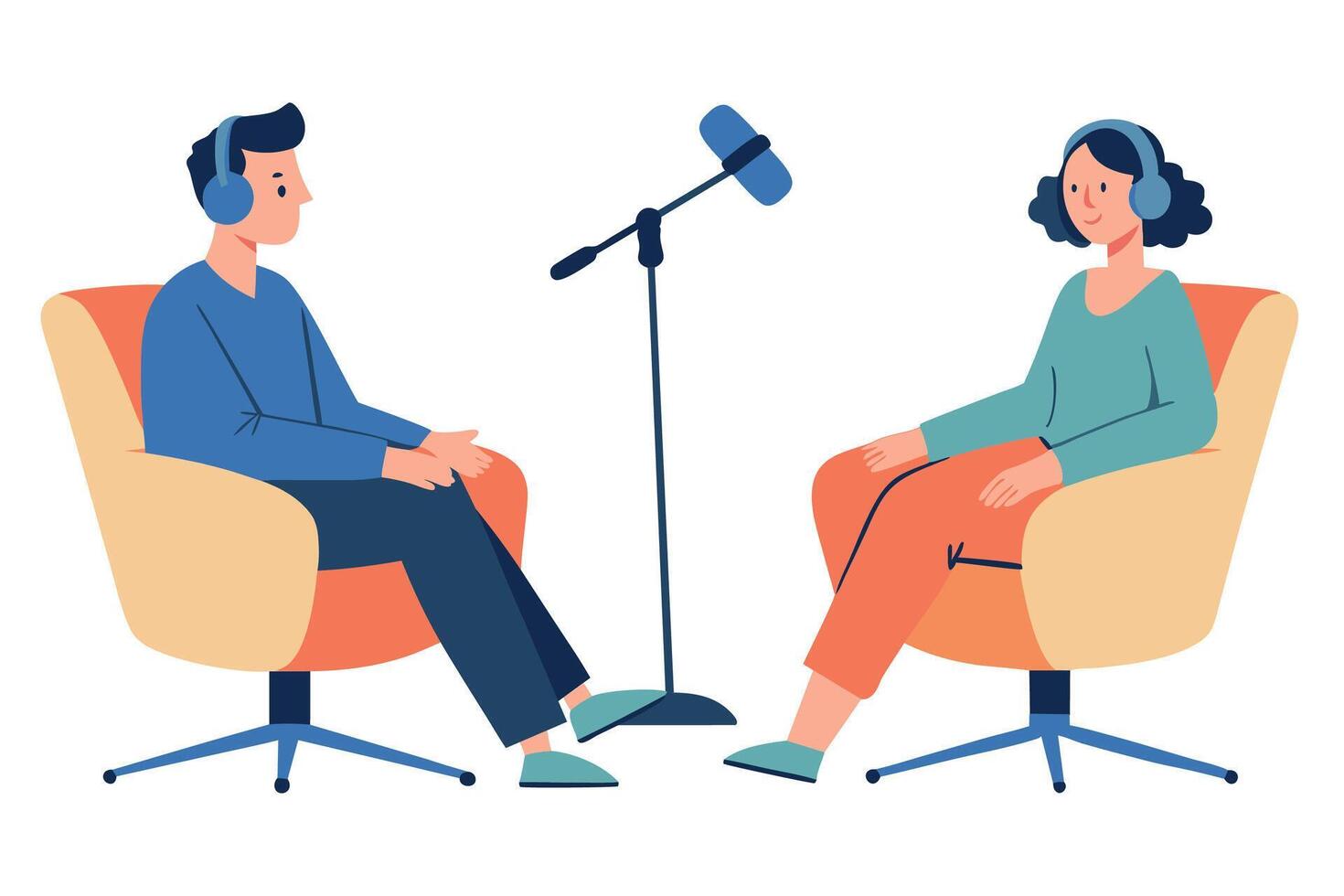 Man and woman recording podcast using professional audio equipment and microphones vector