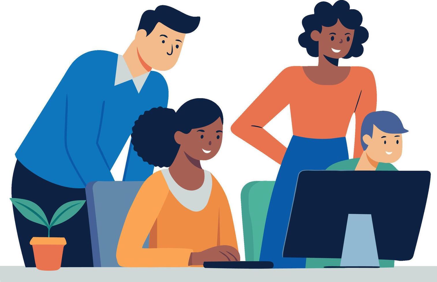 Diverse team of colleagues brainstorming at office. Collab concept design illustration vector