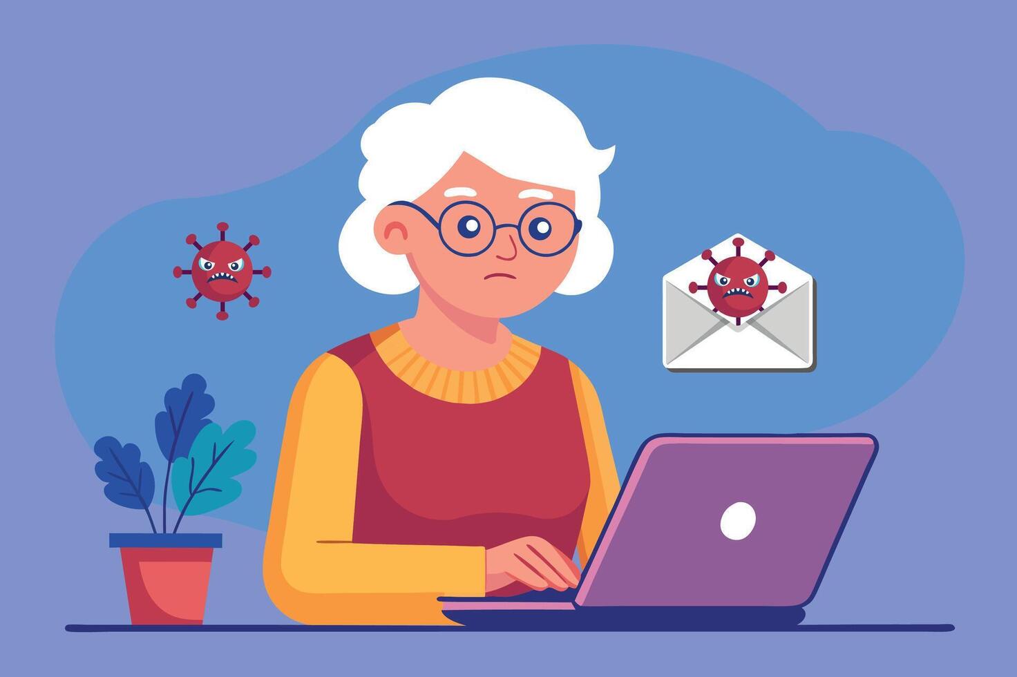 Grandma received spam email message on the laptop. flat Illustration vector