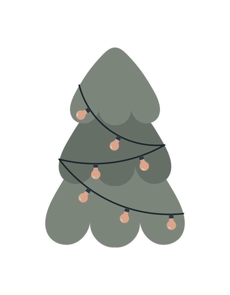 Christmas tree with a garland. Isolated on white background. Winter print. Christmas design. For card, posters, stickers, banners, printing on the pack, printing on clothes, fabric, wallpaper. vector