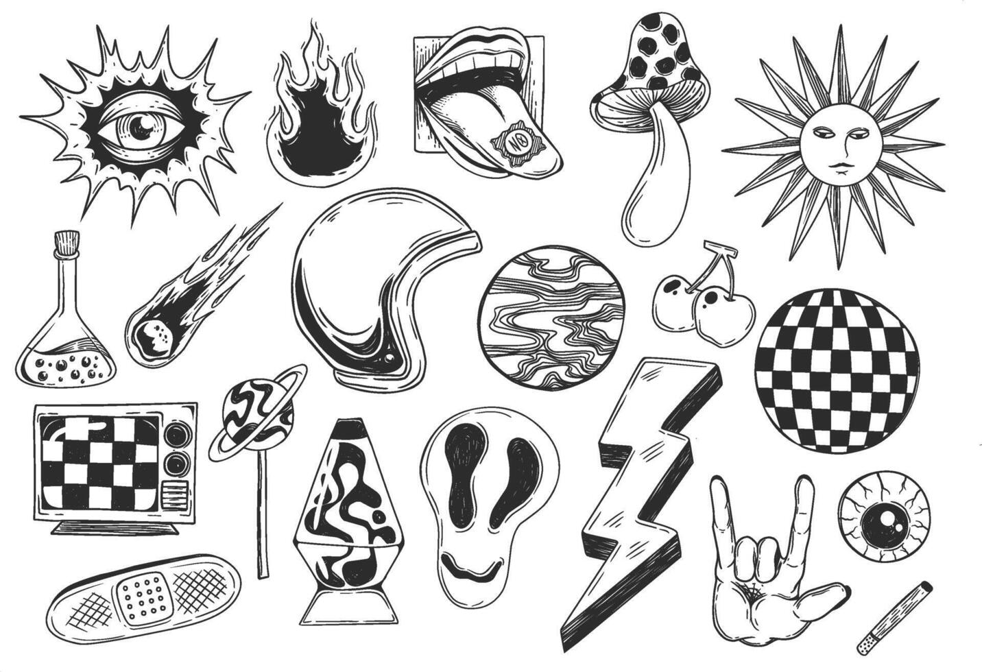 set of groovy hand drawn scribble elements for grunge flash tattoo inspiration, illustration vector
