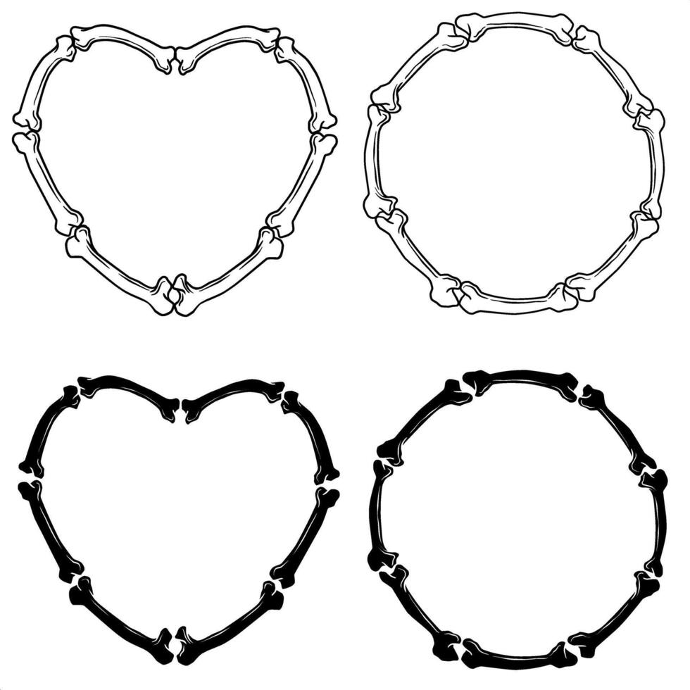 Round bone frame and heart in black and white illustration vector
