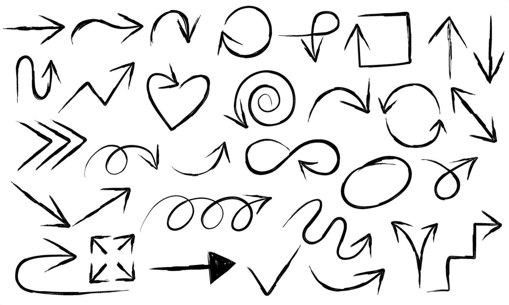 Brush pen hand drawn arrows. illustration of hand painted crayon check lines. Doodle curved chalk darts. Texture design elements of scribble lines. vector