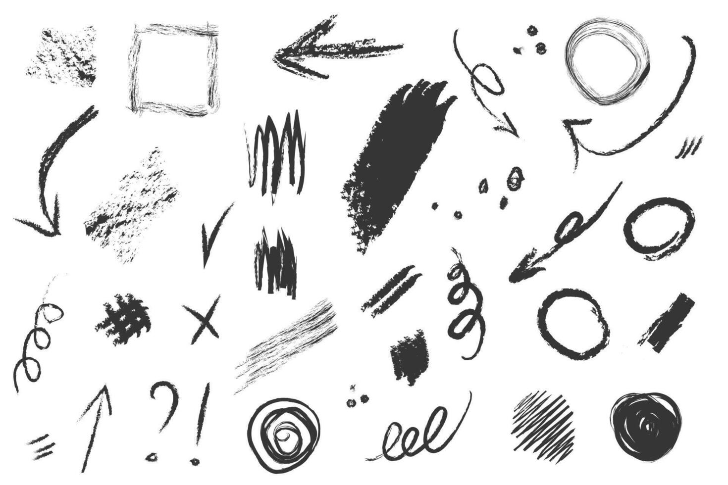 Set of hand drawn charcoal shapes. Arrow line chalk brush set. Grunge square, spiral, arrow element scribble line brush, crayon pencil style. Isolated illustration. vector