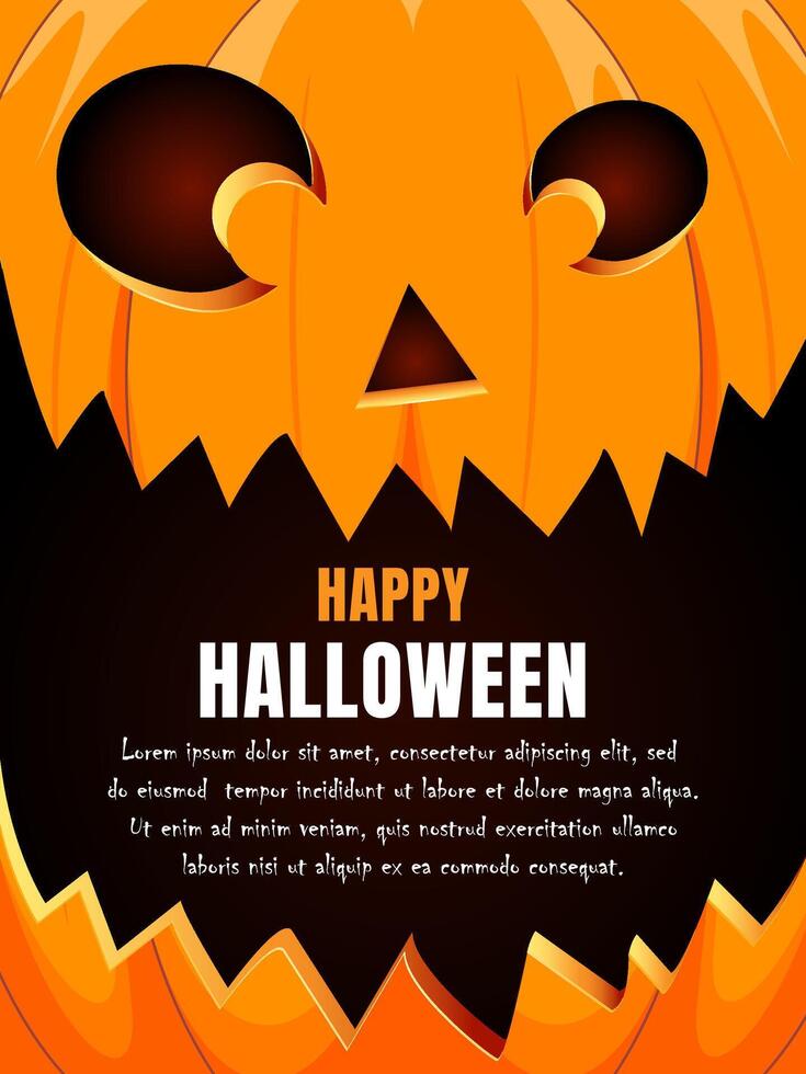 Halloween banner with scary teeth smiling pumpkin on orange background and text Happy Halloween. Holiday card, party invitations and other Halloween events. illustration. vector