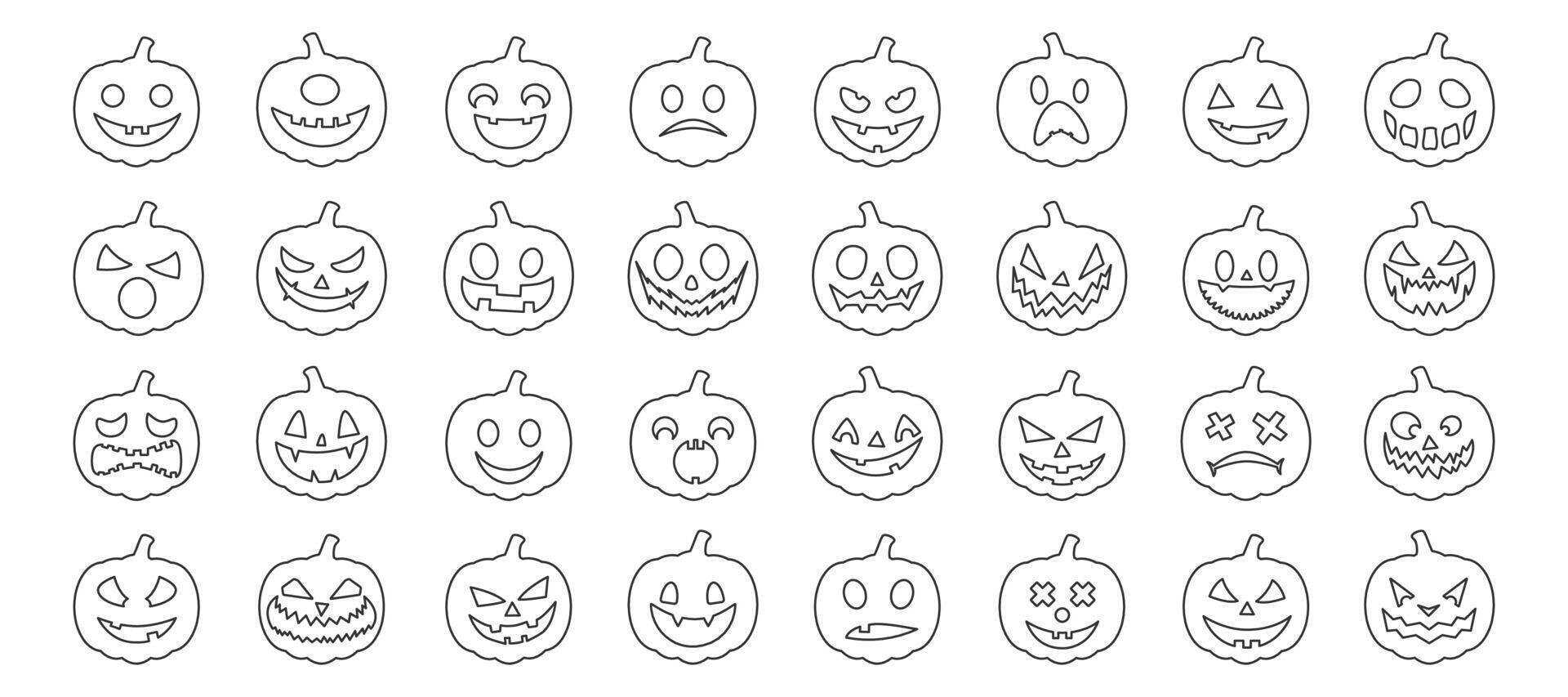 Halloween outline smile. Black Halloween face icon set. Spooky line pumpkin smile on white background. Design for the holiday Halloween. illustration. vector