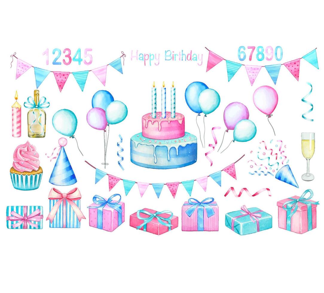 Birthday set with cake, balloons, candles, champagne, gift boxes, garlands. Watercolor illustration vector