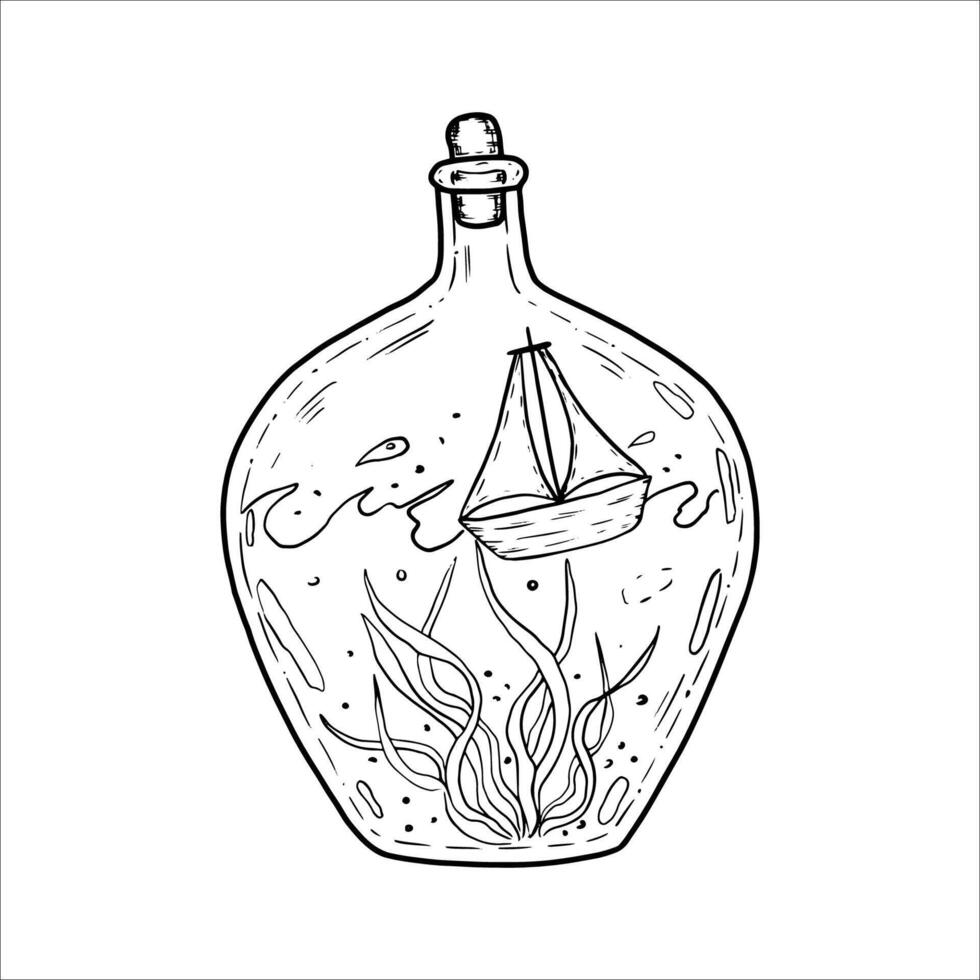 Hand drawn bottle with water and a ship inside vector