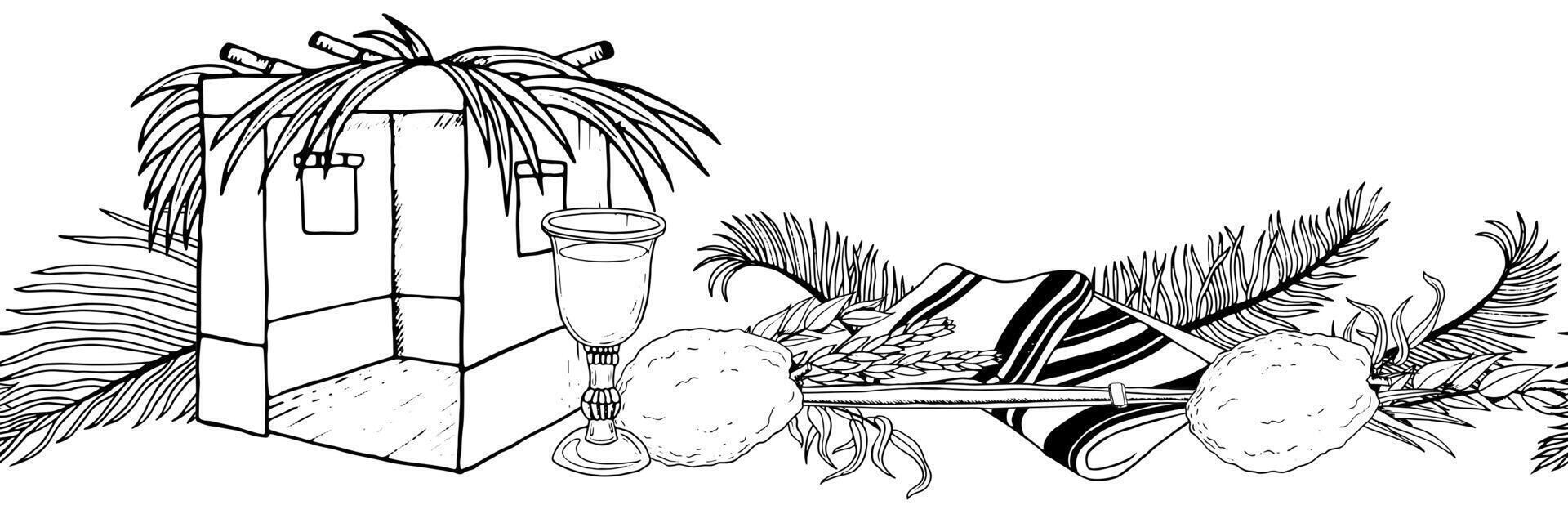 Line sukkah hut with symbolic plants for Sukkot flat seamless border in black and white with etrog, four species, tallit and palm leaves for Jewish holiday endless designs. vector
