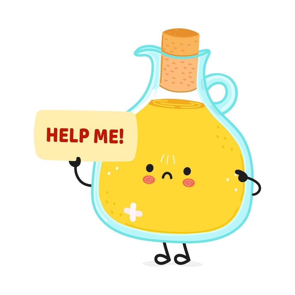 Cute sad sick Olive oil asks for help character. hand drawn cartoon kawaii character illustration icon. Isolated on white background. Suffering unhealthy Olive oil character concept vector