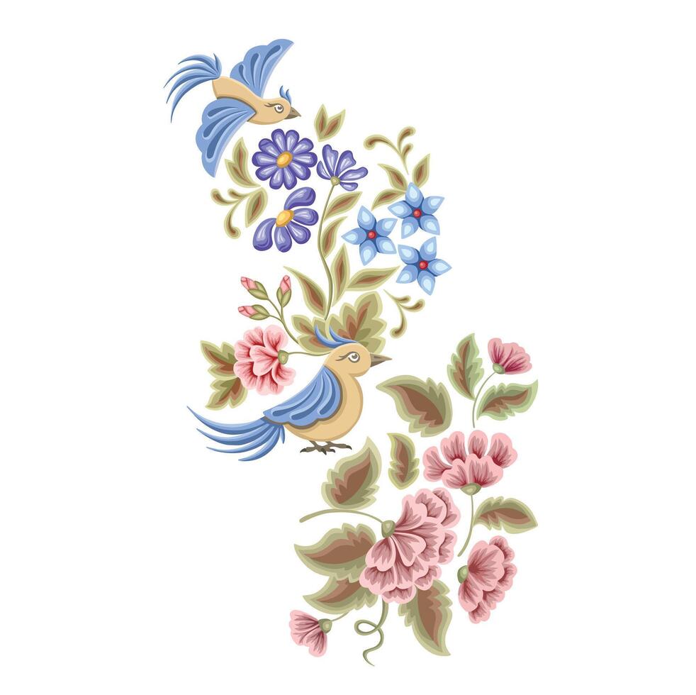 big color set of flowers and birds for embroidery, illustration, hand drawn vector