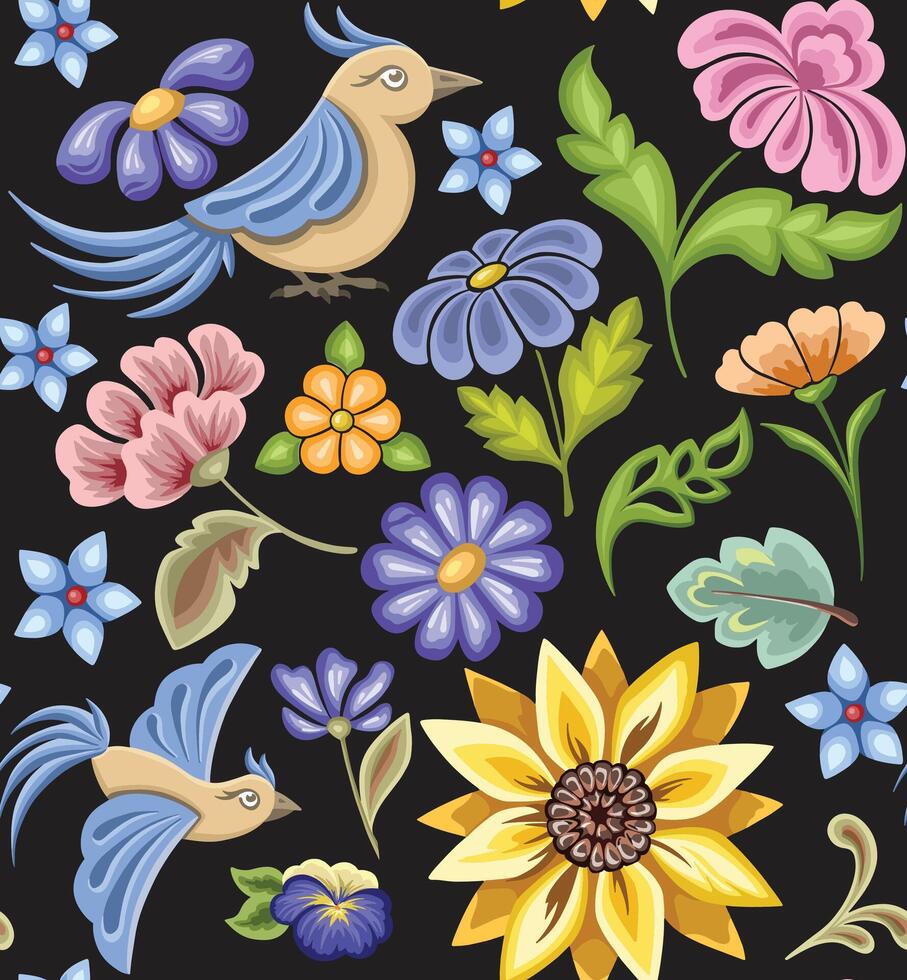 Seamless botanical bright wallpaper with black background, floral pattern vector