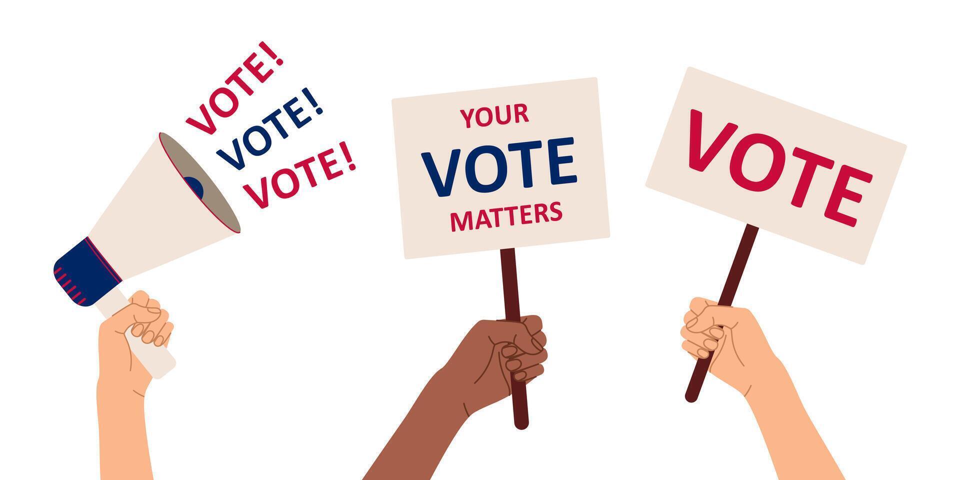 Vote 2024. Hands holding megaphone and banner with word vote and your vote matters. Election campaign. Flat isolated illustration vector