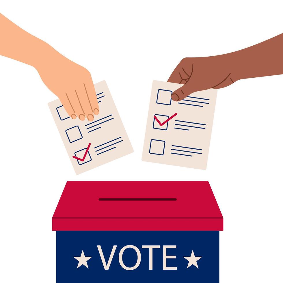 Vote 2024. Two hands drop ballot paper into ballot box. Election campaign. Flat isolated illustration vector