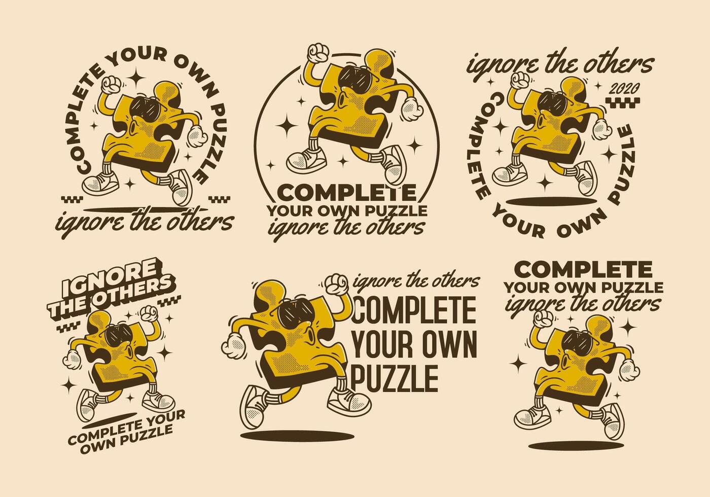 Complete your own puzzle, ignore the others. Mascot character of puzzle in running pose vector