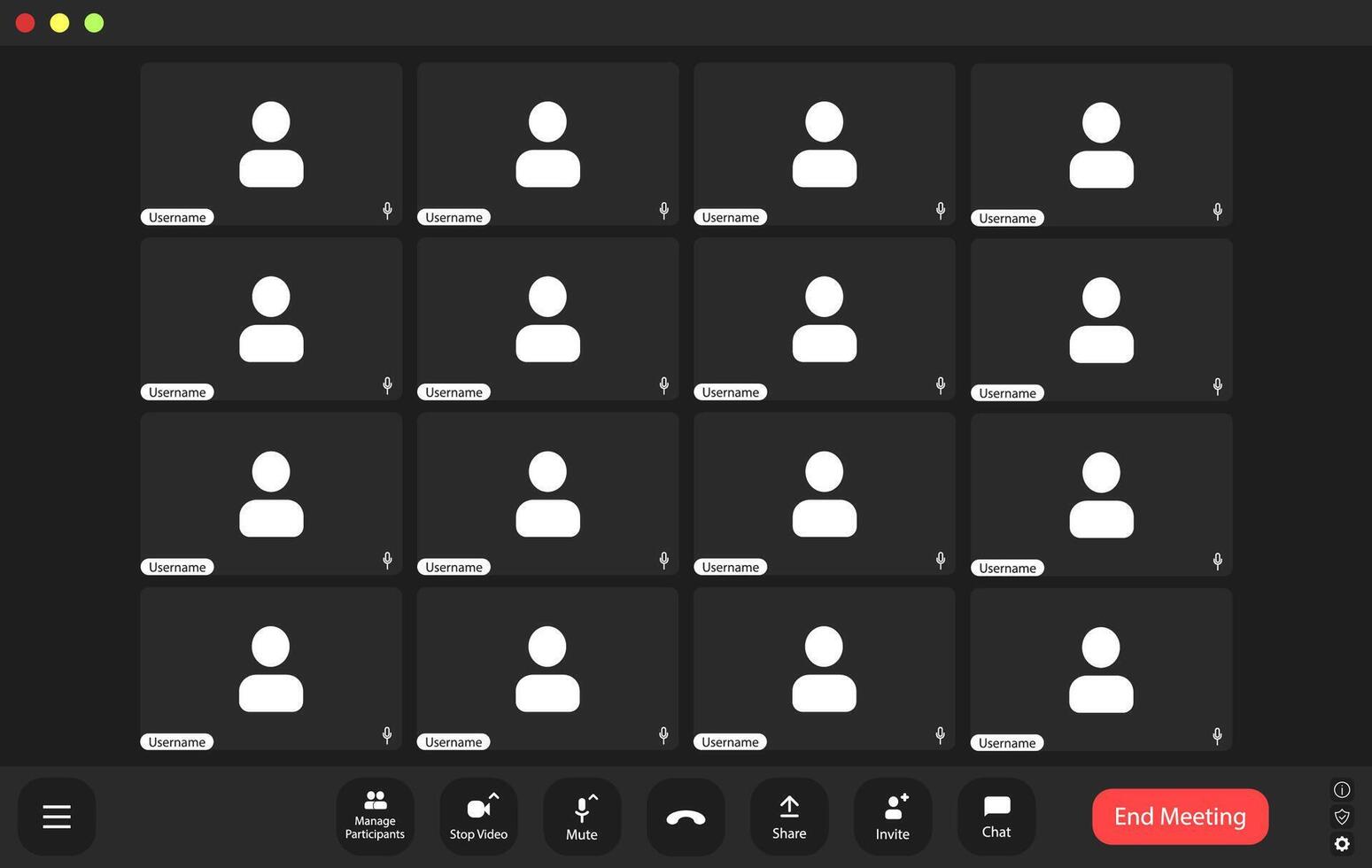 Virtual meeting with participants displayed on a grid layout featuring usernames and a conversation interface vector