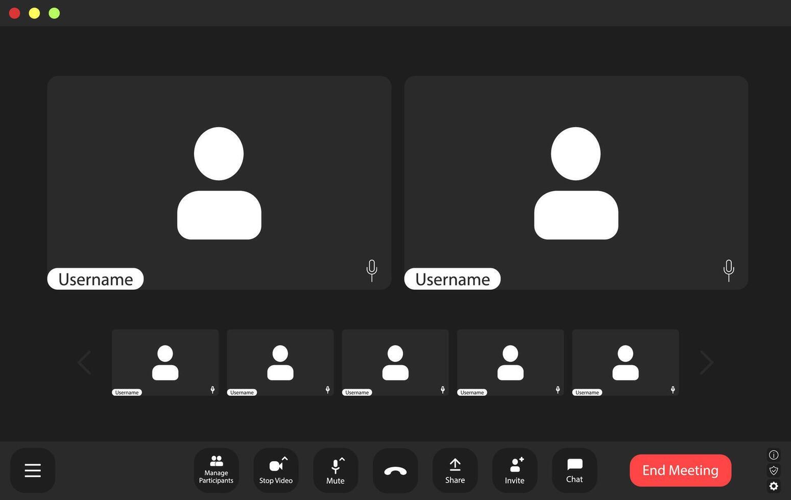Empty call interface with participant icons and muted audio controls during an online meeting session vector