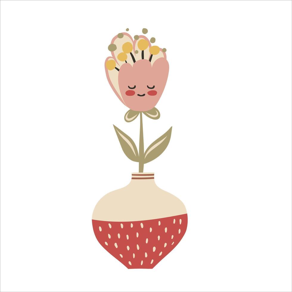Pink cute baby flower in vase in kawaii cartoon style. Hand drawn doodle childish illustration. Isolated simple drawing for kid-friendly graphic and babyish book or card designs. vector