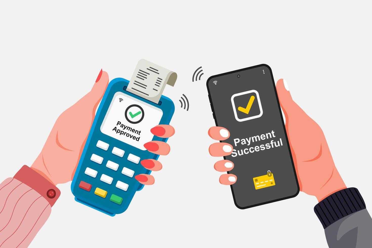 Customer making contactless payment with NFC technology using a smartphone at the payment terminal vector