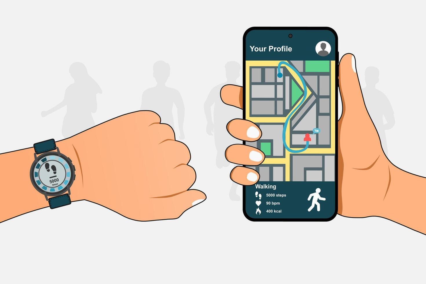 Left hand with smart watch and right hand holding a smartphone with fitness tracker app to count steps. Exercise progress or fitness tracking concept vector