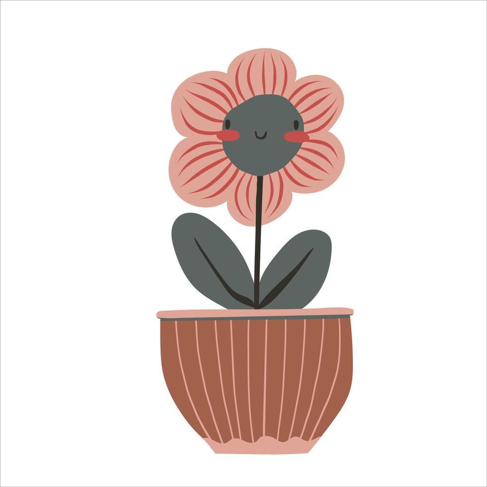 Kawaii cute baby flower in plant pot in cartoon style. Hand drawn doodle childish illustration. Isolated simple drawing for kid-friendly graphic and babyish book or card designs. vector