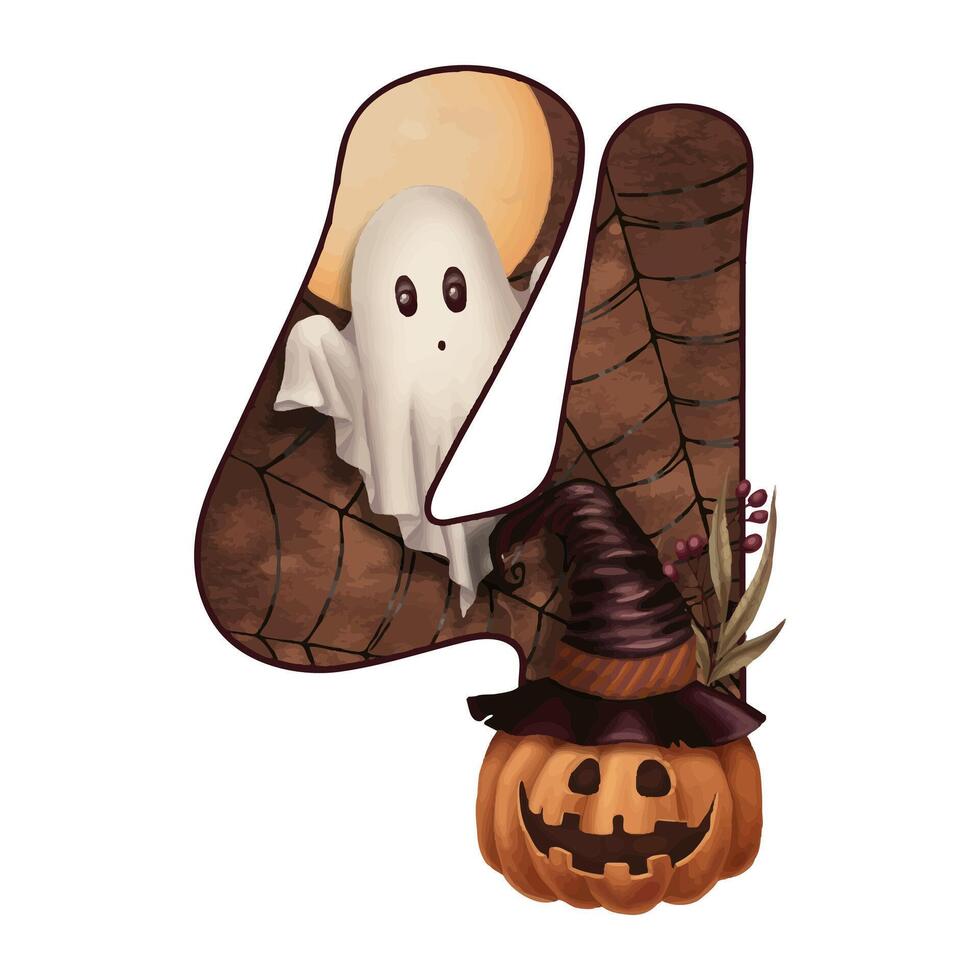 Number four Halloween illustration with Jack O Lantern and ghost in cartoon style. Hand drawn dark brown digit 4. Isolated drawing perfect for autumn font graphic and spooky season card designs. vector