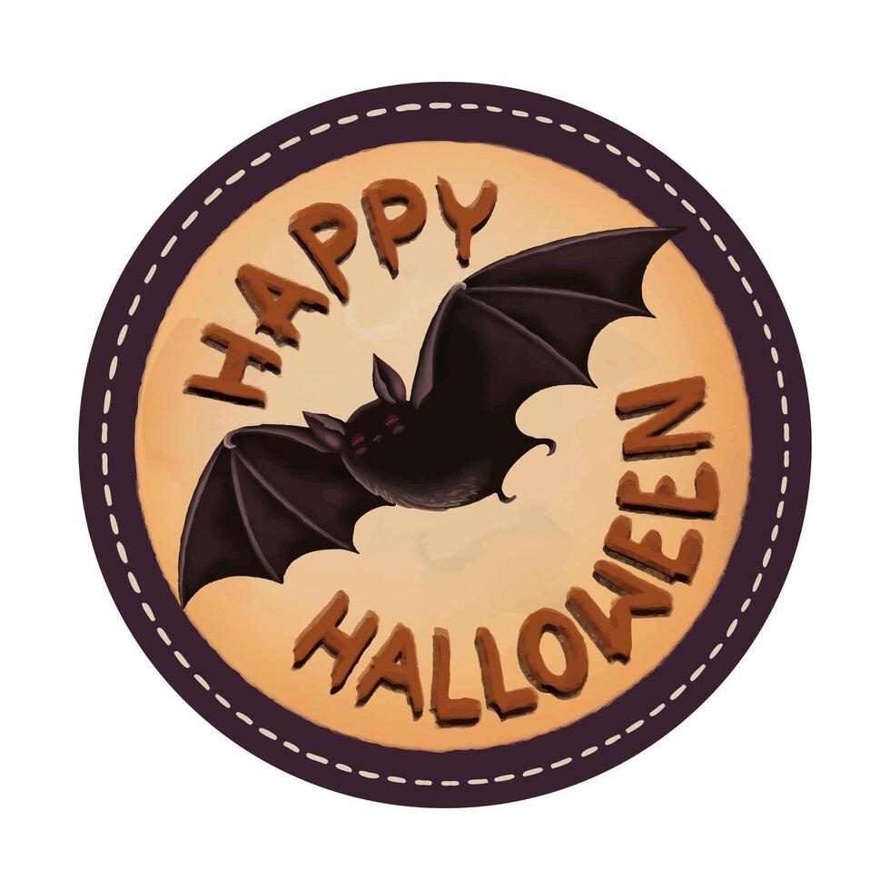 Happy Halloween round gift tag with moon and flying bat in cartoon style. Hand drawn printable sticker with sign. Isolated drawing perfect for autumn graphic and spooky season card designs. vector