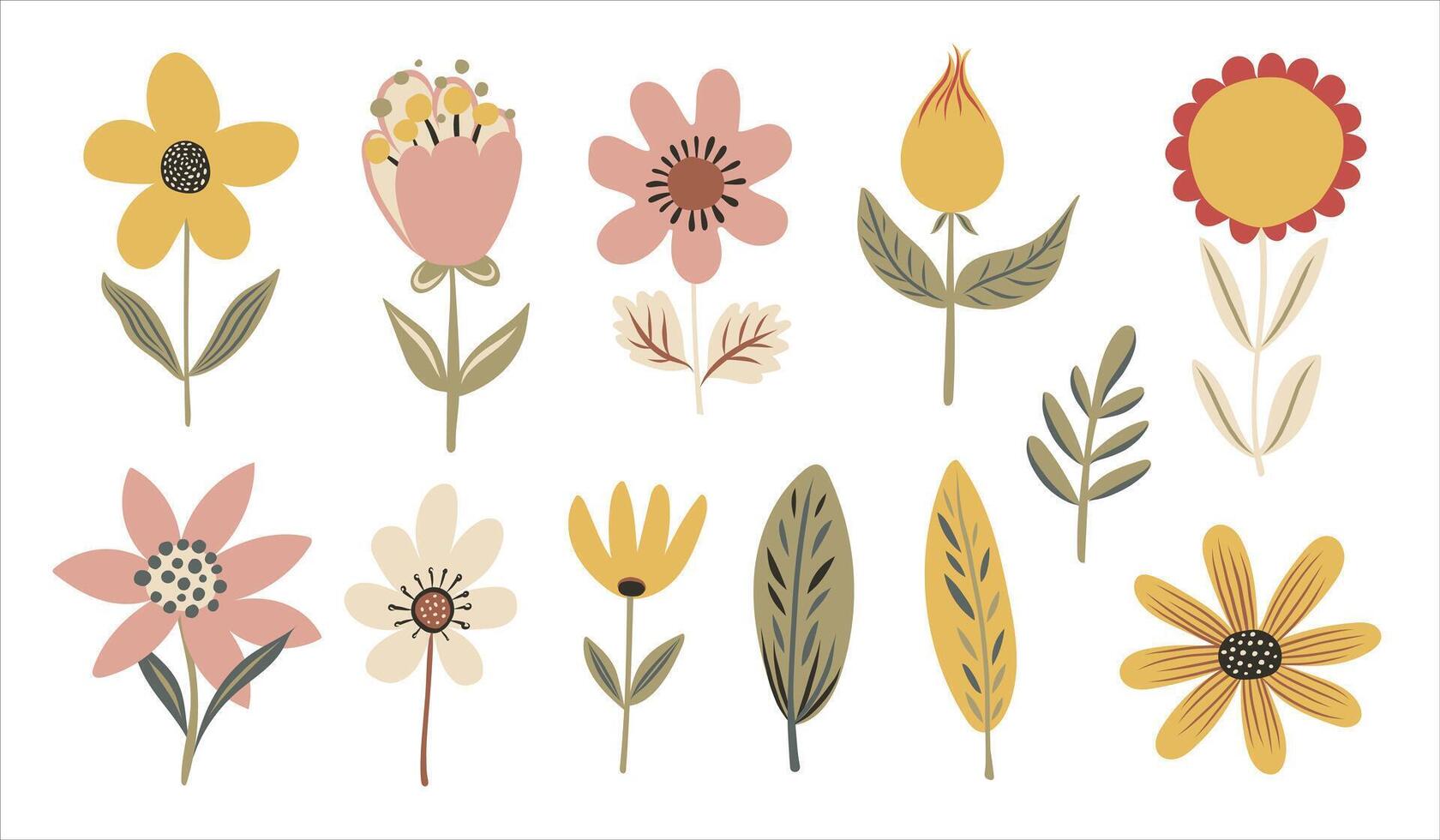 Set of cute flowers plant in cartoon style. Hand drawn doodle childish illustration. Isolated simple drawing for kid-friendly graphic and babyish book or card designs. vector